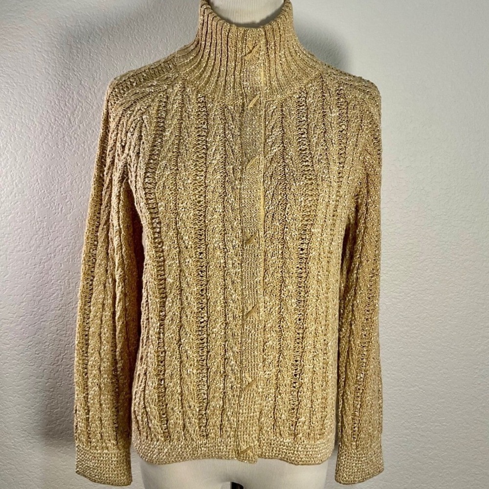 St John Sweater Womens Small Gold Cable Knit Crop Top Snap Front High‎ Neck